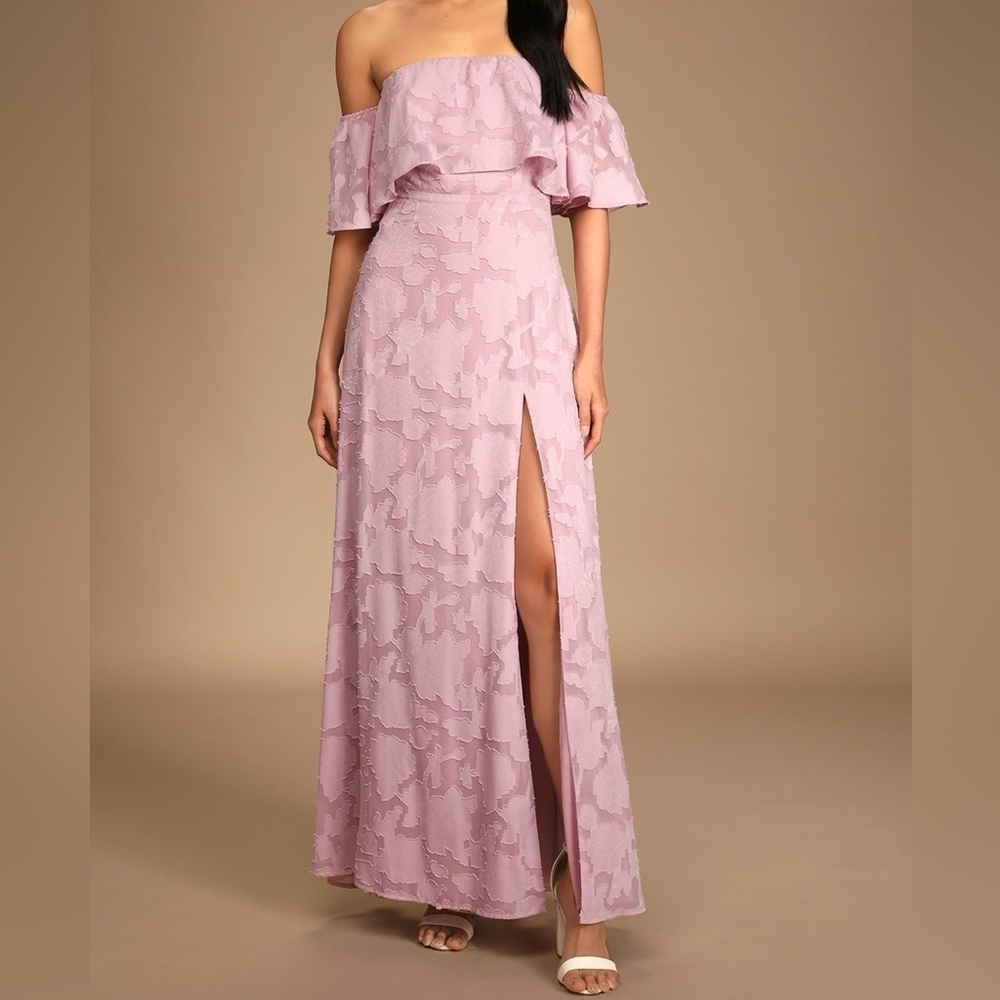 Lulu's Lilac Off-Shoulder Lace Maxi Dress with Side Slit